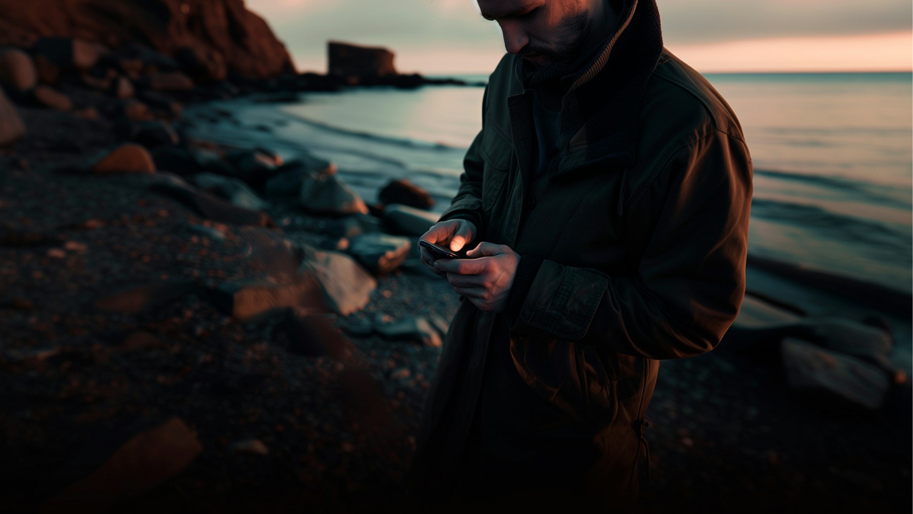 Person mit Mantel steht am Strand und nutzt ein Smartphone.